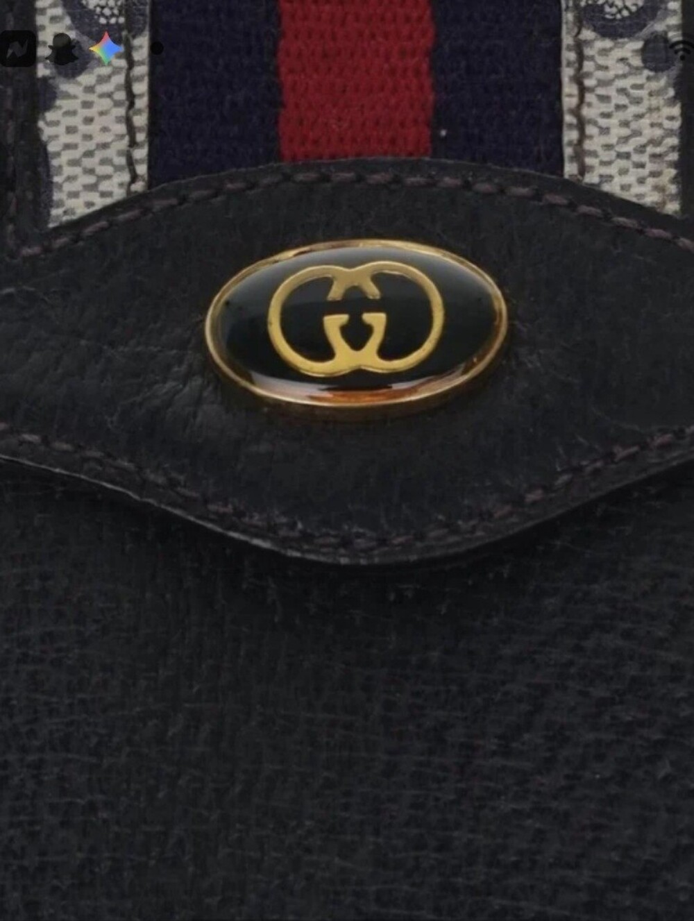 Gucci Black Pebbled Leather Shoulder Bag with Red and Navy Accent and Gold Logo
